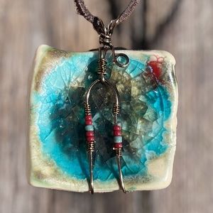 Handmade porcelain and glass wire wrapped pendant